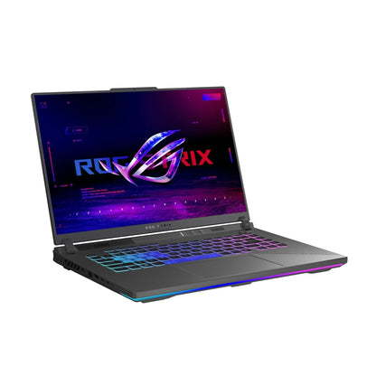 Gaming laptop with RGB keyboard and vivid ROG STRIX logo on screen, angled view