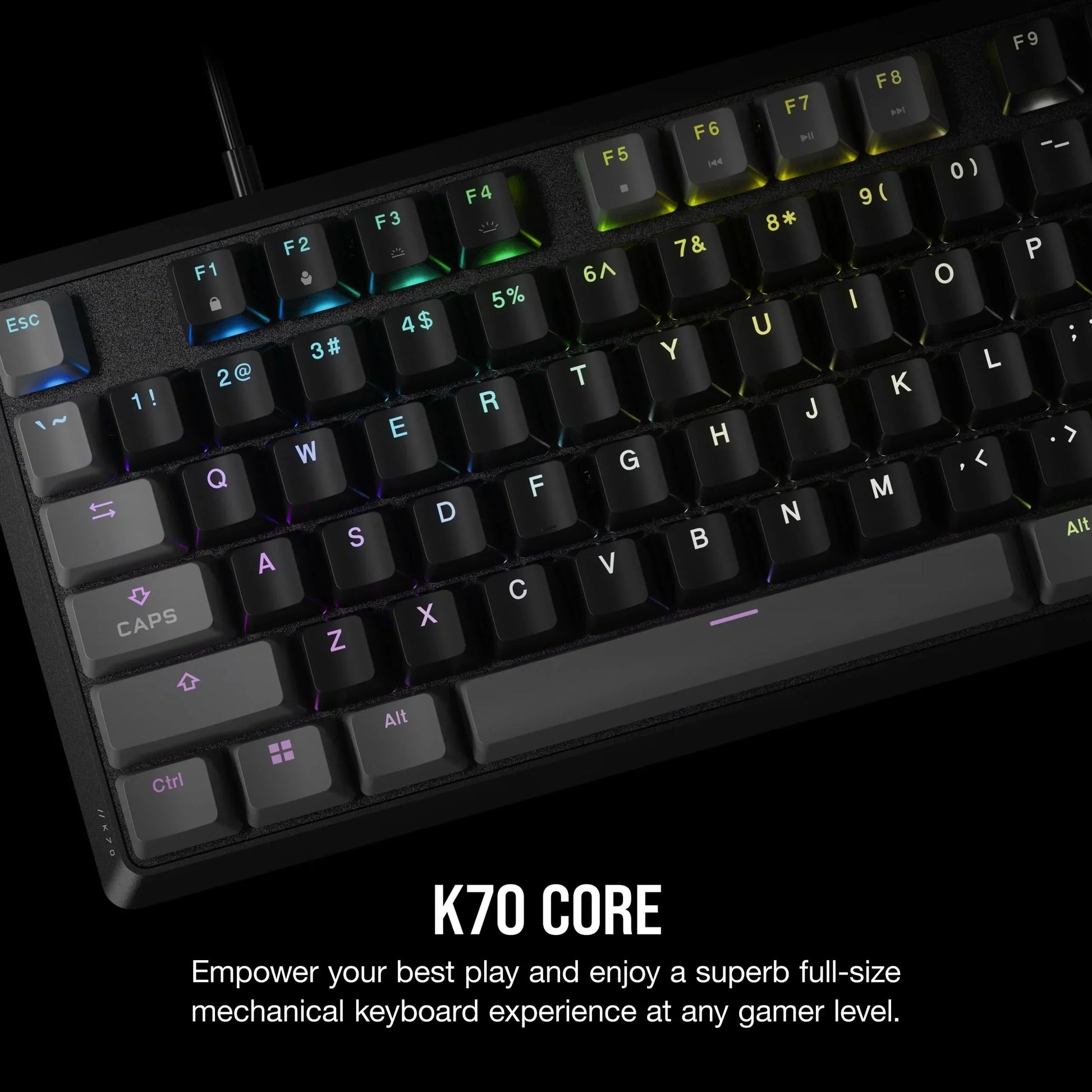 RGB mechanical gaming keyboard K70 Core with illuminated keys on black background, Byte Style