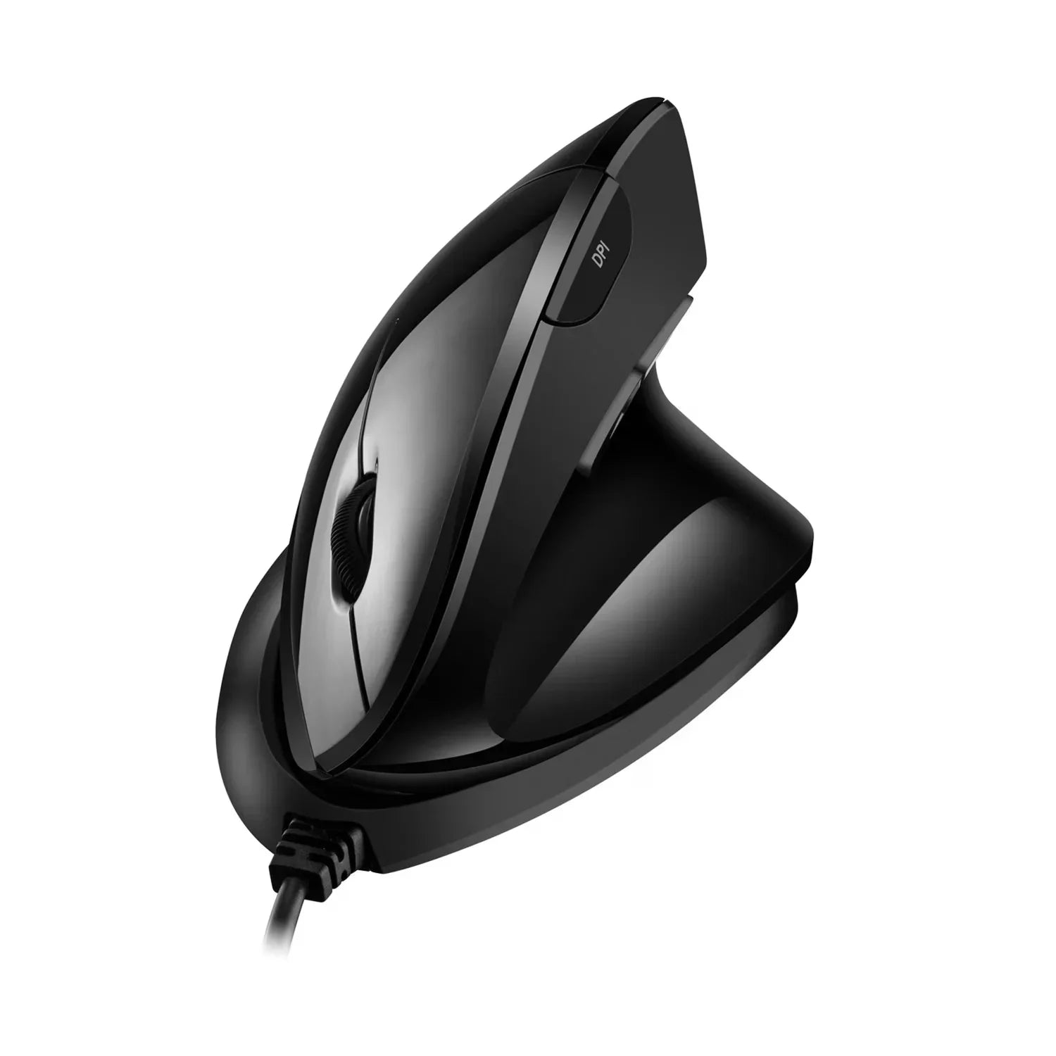 Black ergonomic vertical gaming mouse with DPI button and wired connection on white background