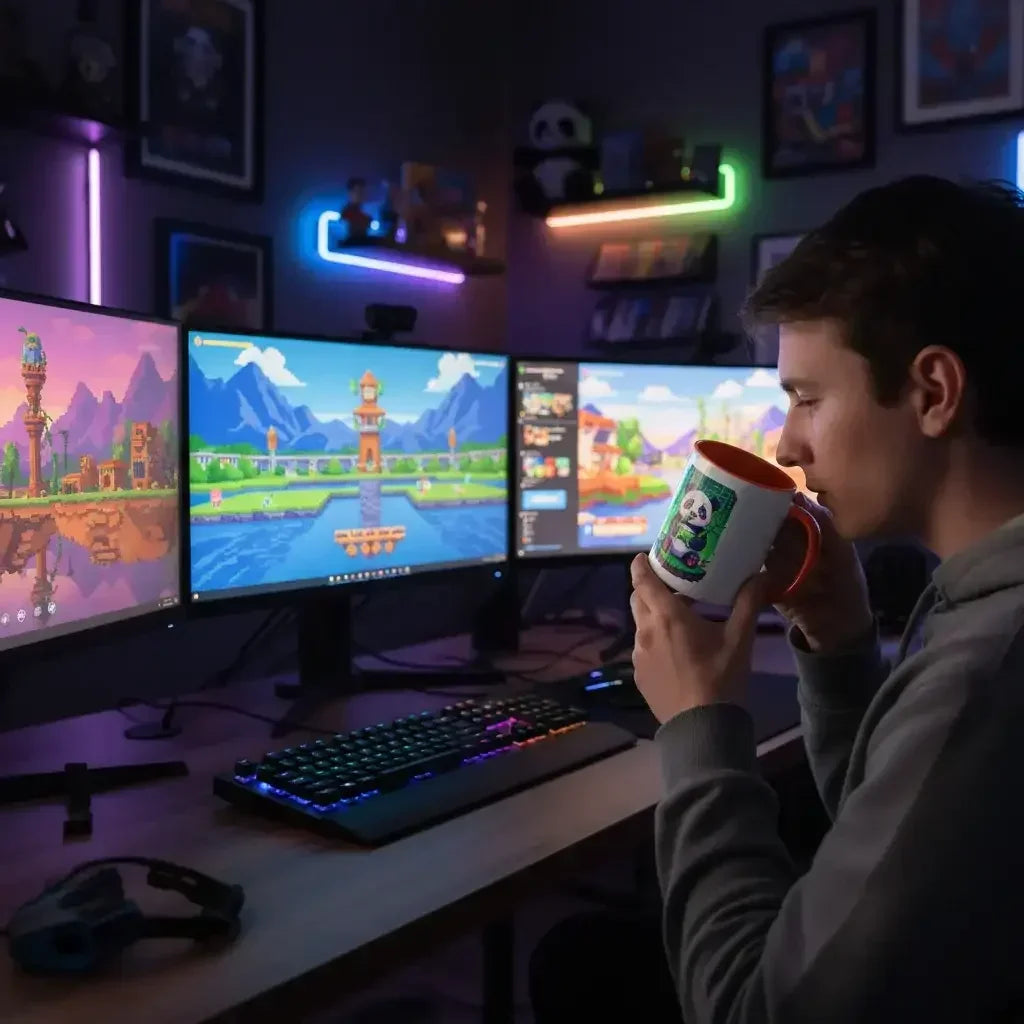 Young man drinking from a panda-themed mug while gaming on a triple-monitor setup with RGB keyboard in a dark room