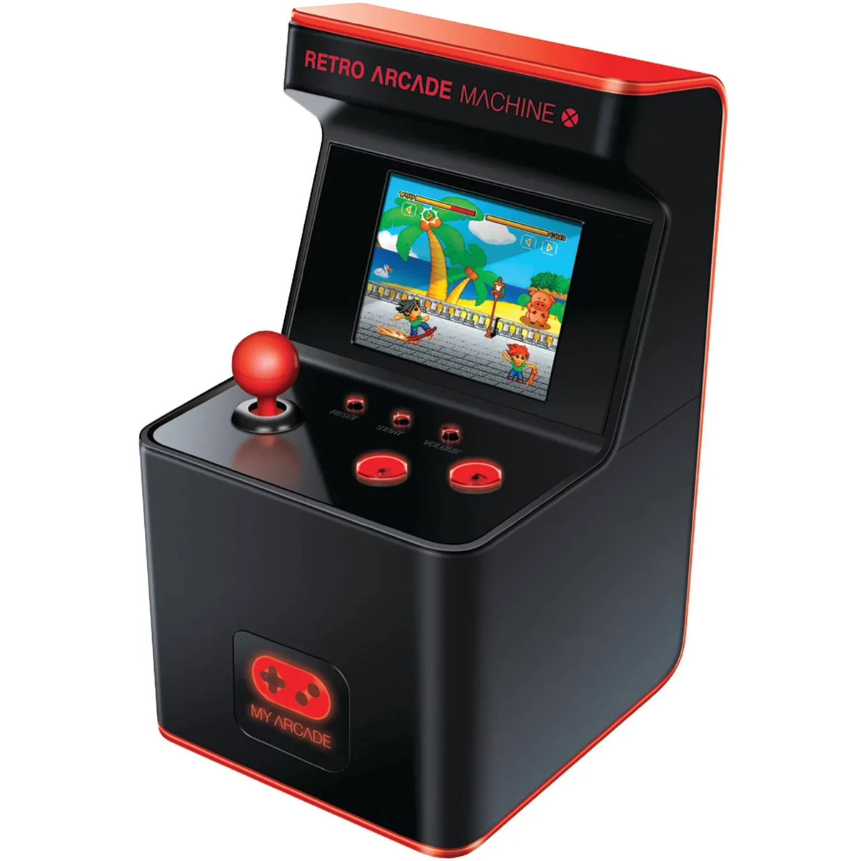 Retro arcade machine with joystick and buttons playing 8-bit game, Byte Style gaming gear