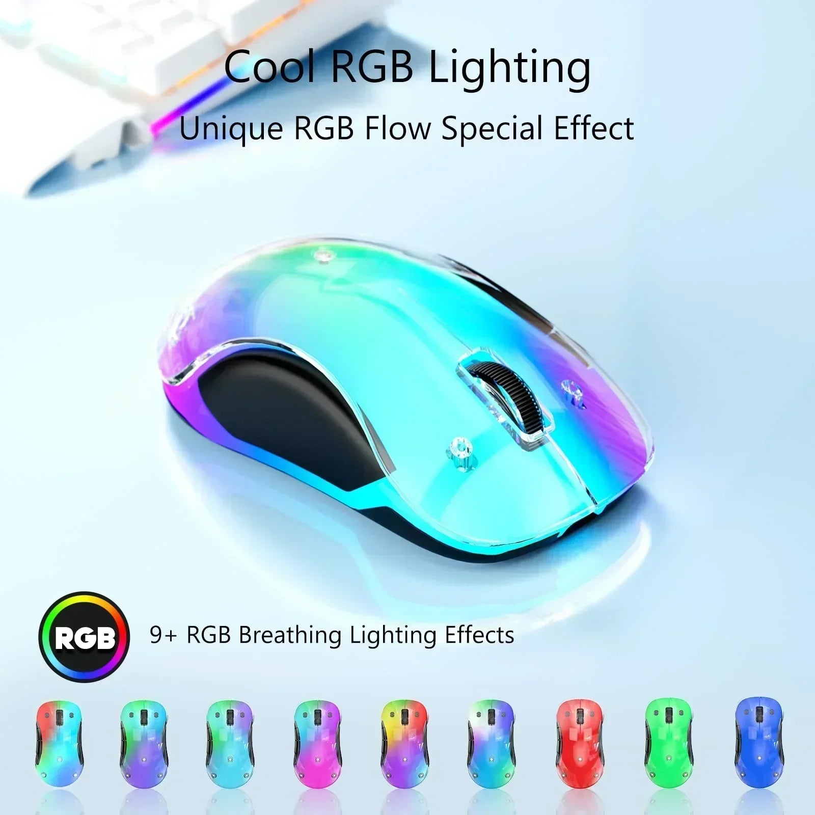 RGB gaming mouse with multicolor lighting effects on a desk, various lighting modes shown below.