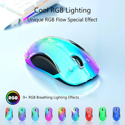 RGB gaming mouse with multicolor lighting effects on a desk, various lighting modes shown below.