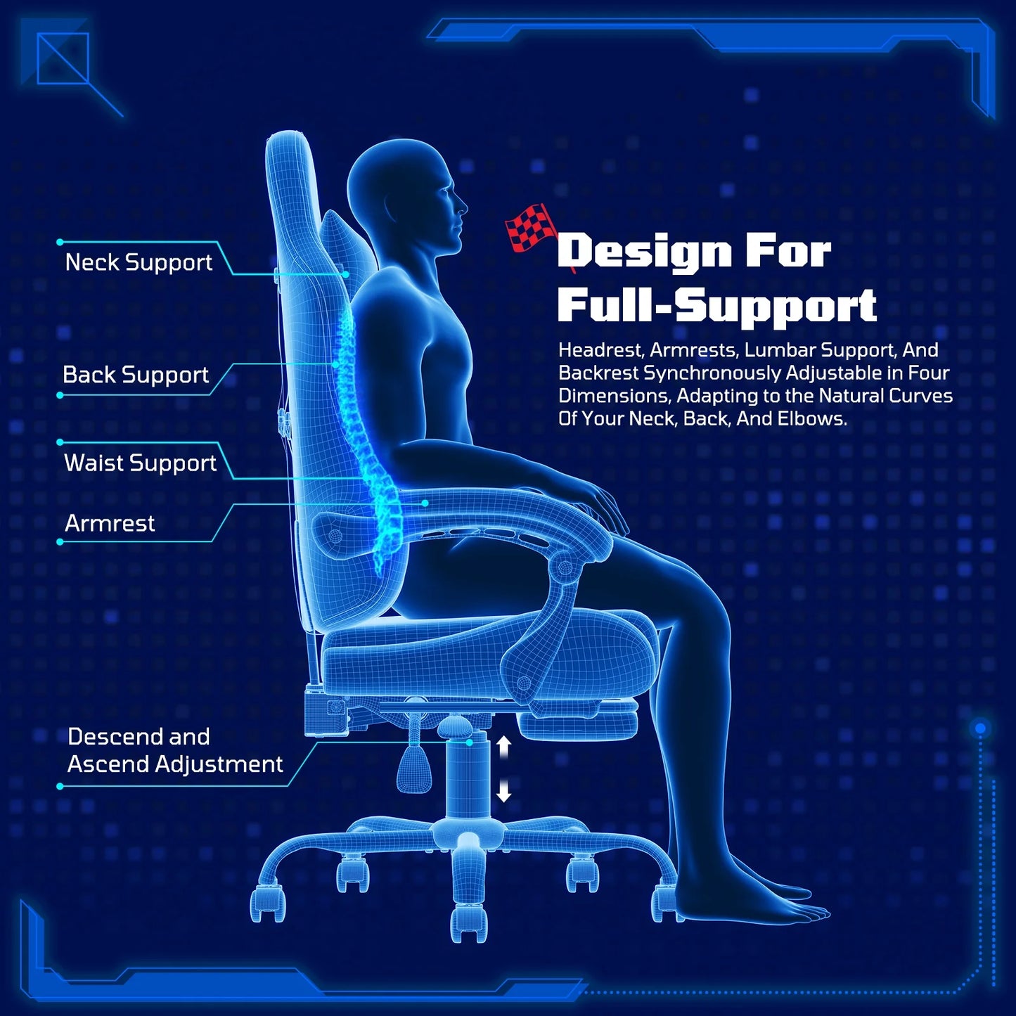 Ergonomic gaming chair with full-support design, adjustable neck, back, waist, and armrests for comfort.
