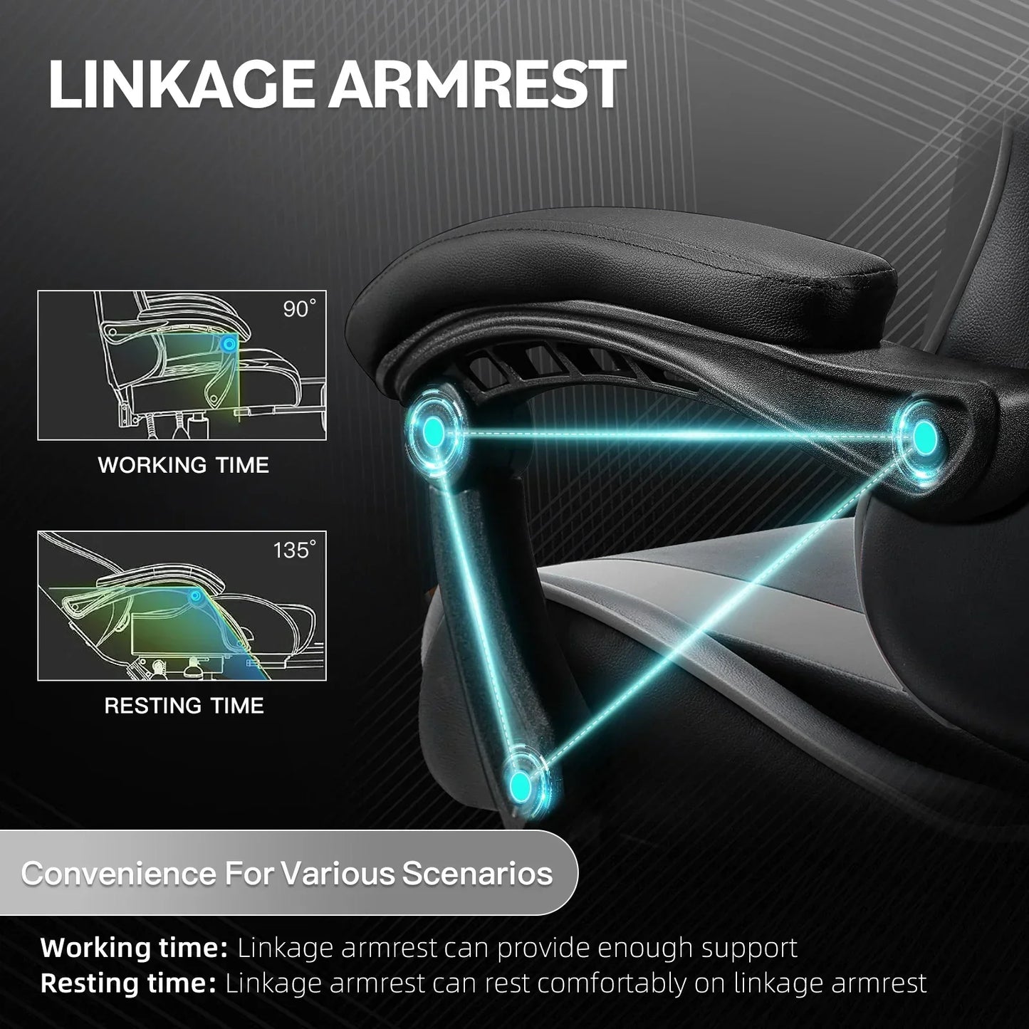 Close-up of ergonomic linkage armrest on black office chair showing 90° working and 135° resting angles