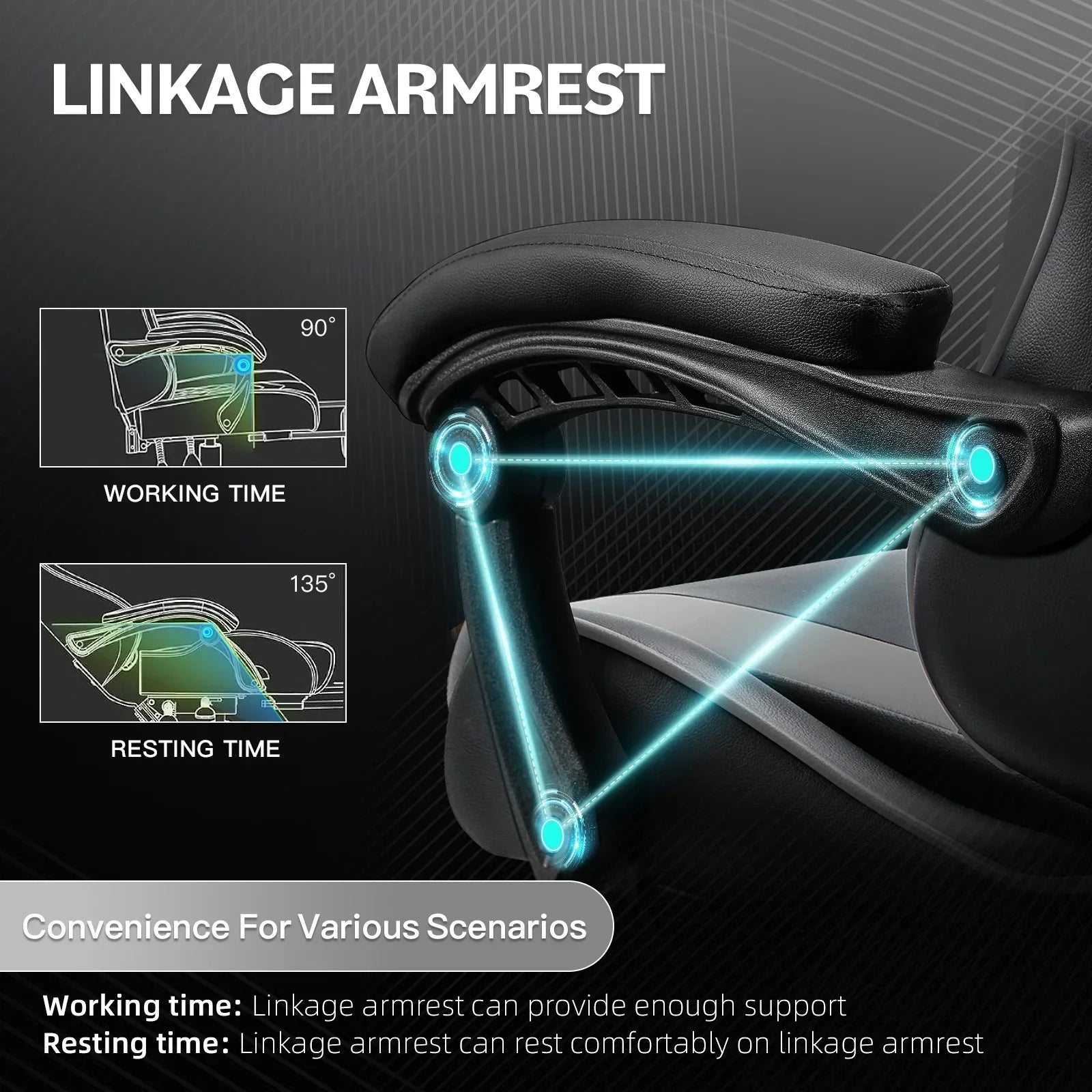 Close-up of ergonomic linkage armrest on black office chair showing 90° working and 135° resting angles