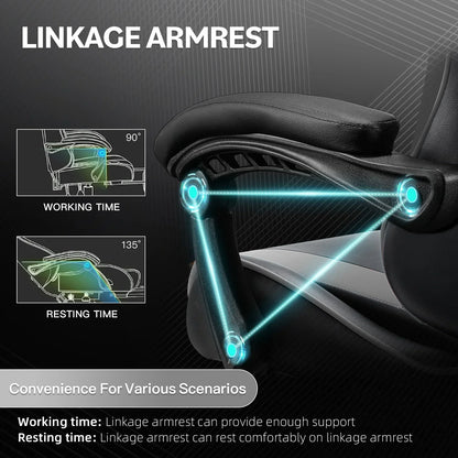 Close-up of ergonomic linkage armrest on black office chair showing 90° working and 135° resting angles