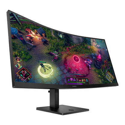 Curved OMEN gaming monitor displaying a colorful fantasy video game with characters and magical effects