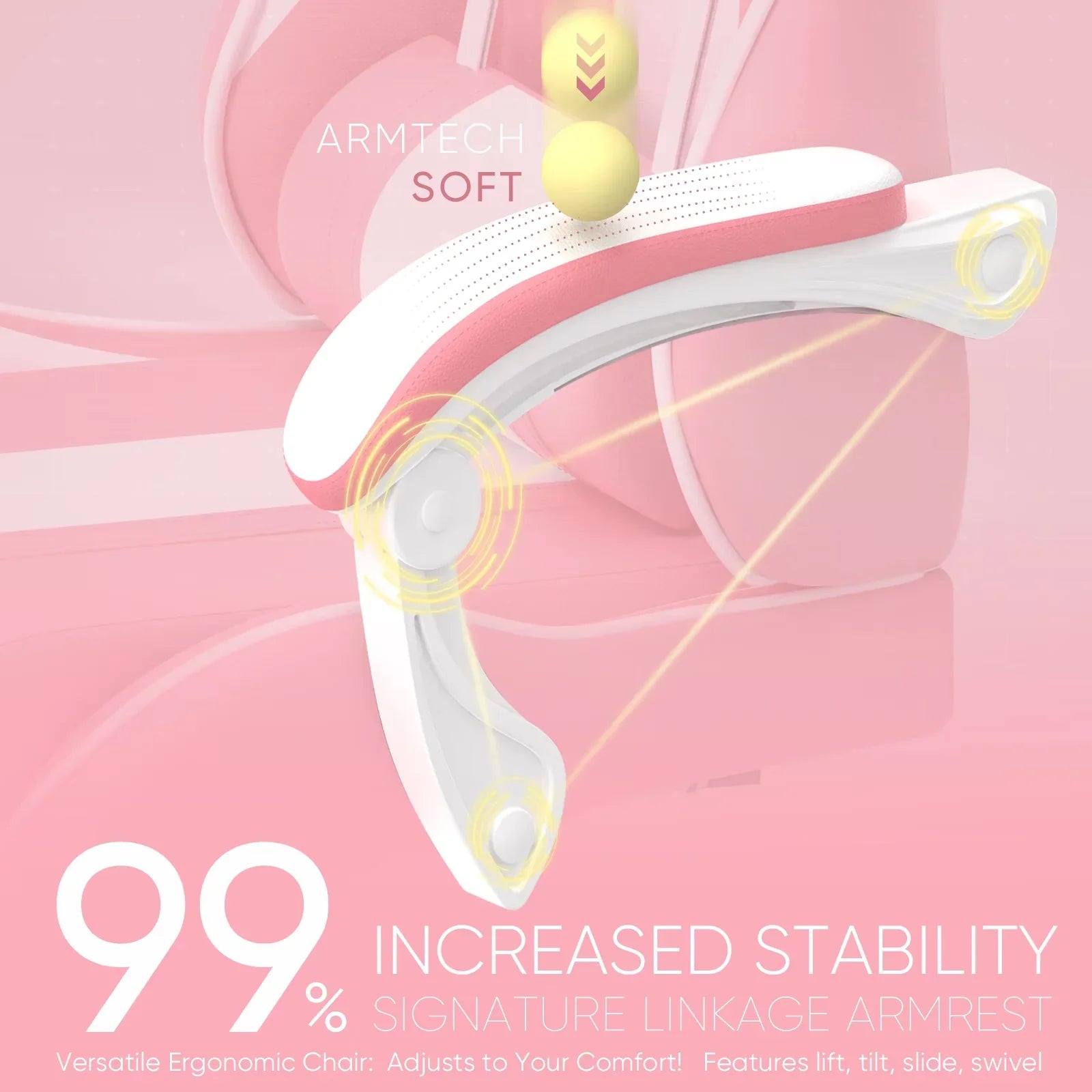 Ergonomic gaming chair armrest with adjustable lift, tilt, slide, swivel for comfort and stability