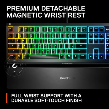 SteelSeries RGB gaming keyboard with detachable magnetic wrist rest, modern retro design