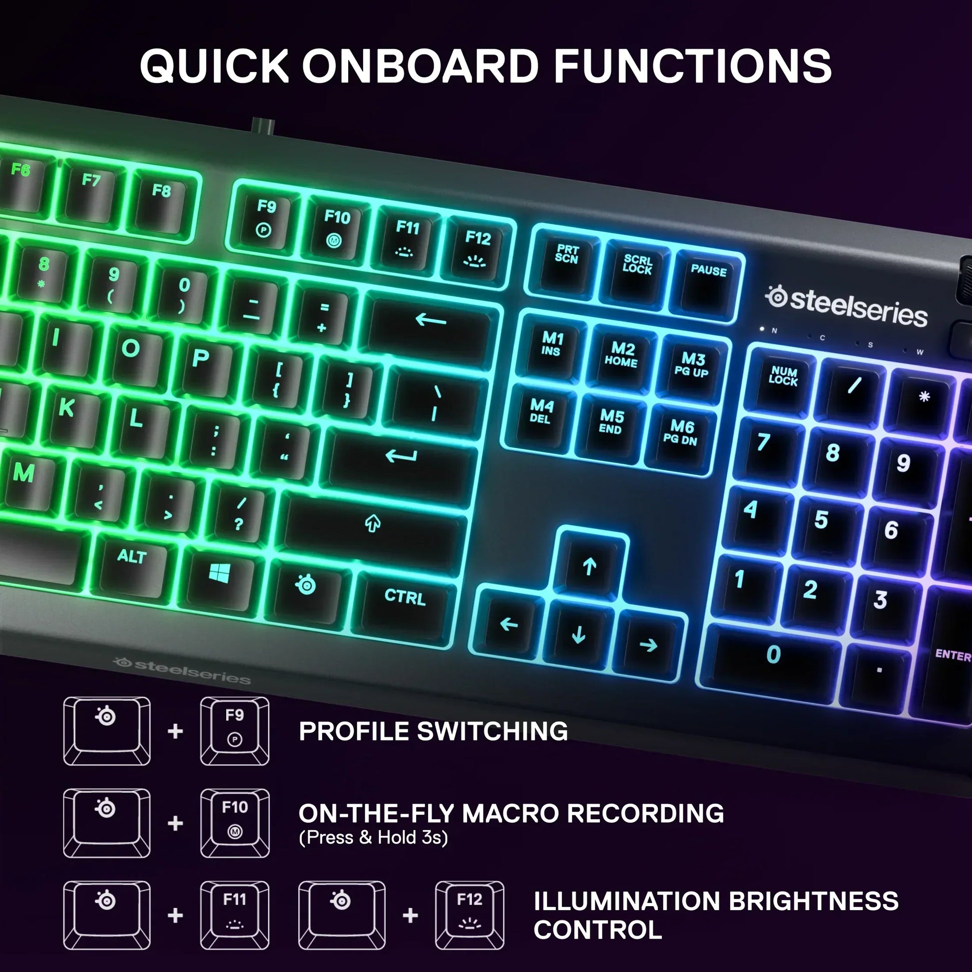 SteelSeries RGB gaming keyboard with quick onboard functions, macro, and brightness controls.