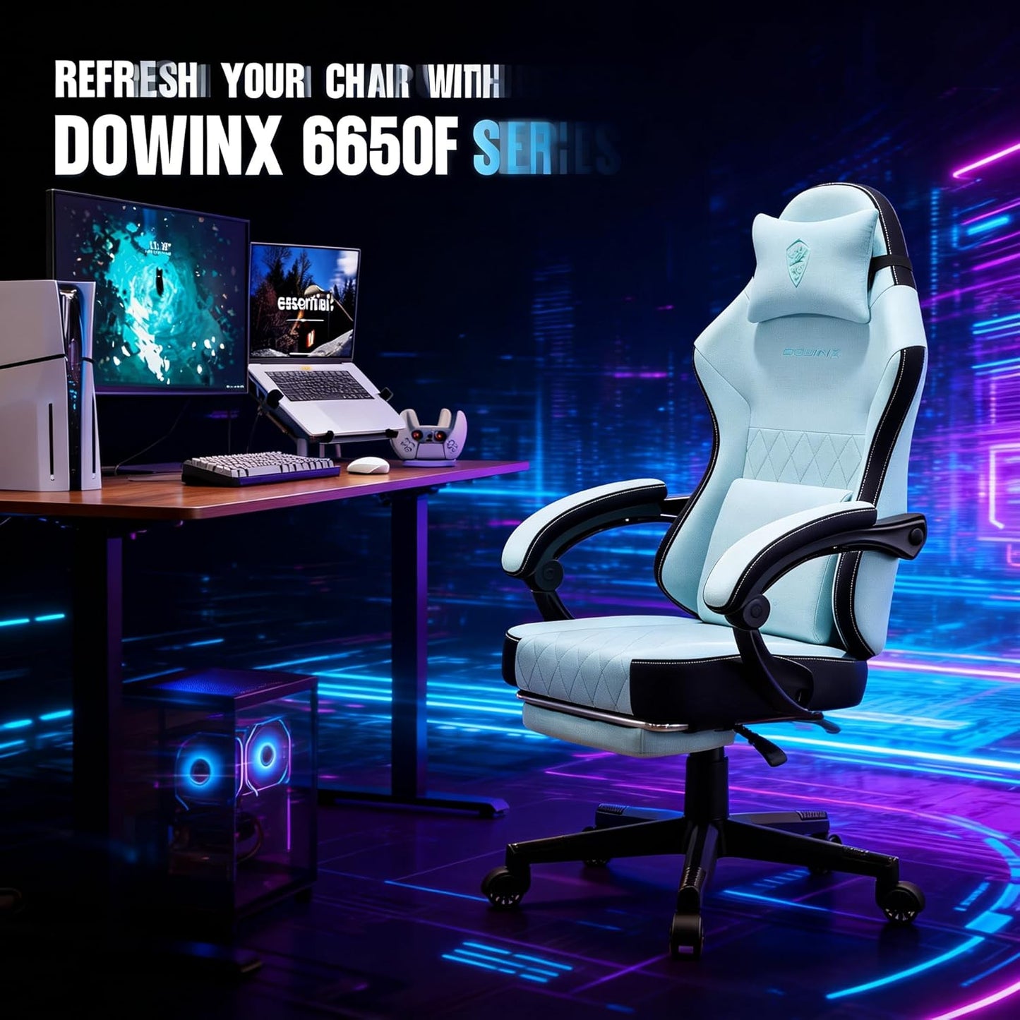 Light blue DOWINX 6650F gaming chair with black accents, positioned beside a desk with PC, monitor, and controller in neon-lit setup.