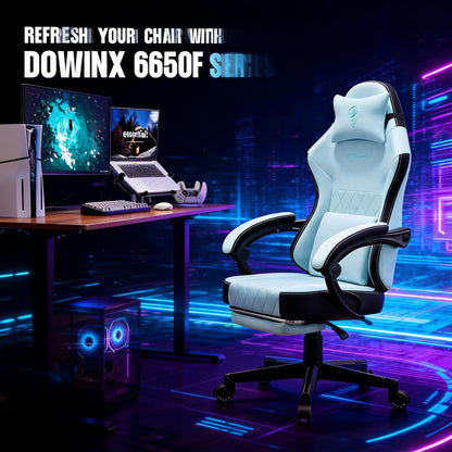 Light blue DOWINX 6650F gaming chair with black accents, positioned beside a desk with PC, monitor, and controller in neon-lit setup.