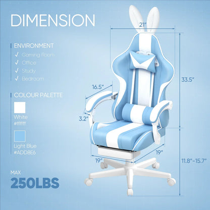 Light blue and white gaming chair with bunny ears, ergonomic design, adjustable height, and cushioned armrests