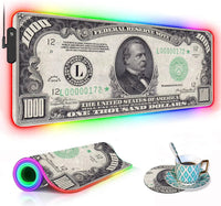 Retro gaming desk setup with RGB-lit $1000 bill mousepad, matching wrist rest, and coffee cup on themed coaster