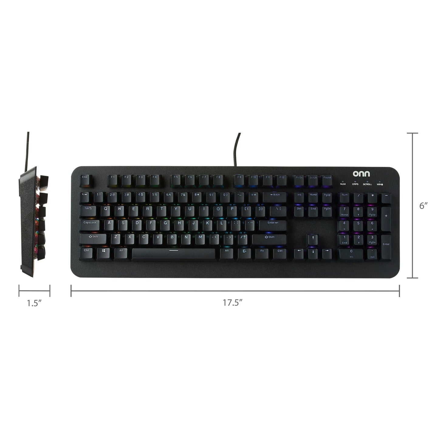 Black onn RGB gaming keyboard with full keys, numeric pad, and size measurements