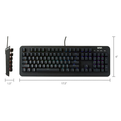 Black onn RGB gaming keyboard with full keys, numeric pad, and size measurements