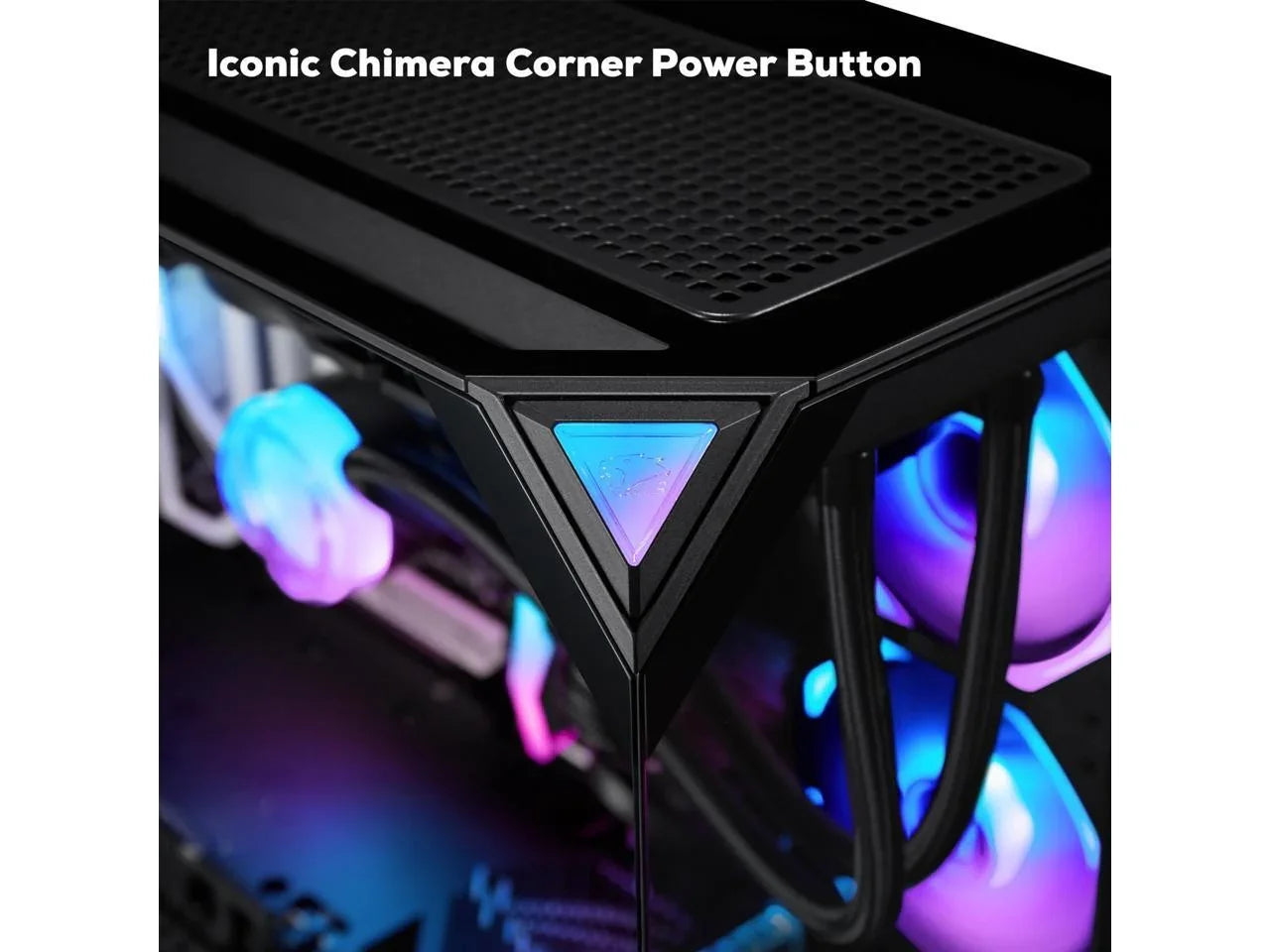 Black gaming PC case corner with triangular Chimera corner power button and RGB fans glowing blue and purple