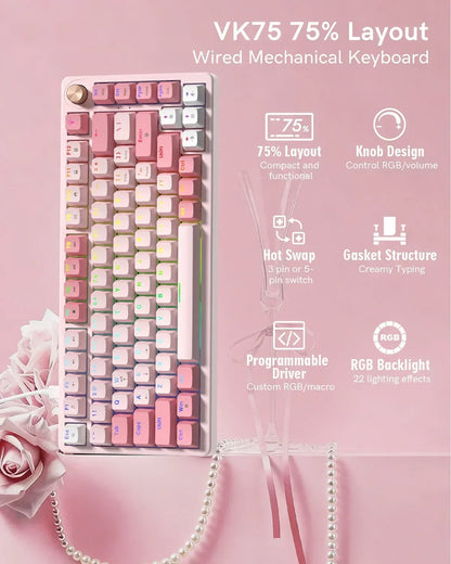 VK75 Wired Mechanical Keyboard with Multi-Function Knob, 75% Gaming Keyboard Gasket Mounted, Hot Swappable, Creamy Sound, Cherry Profile, PBT Keycaps, Pink
