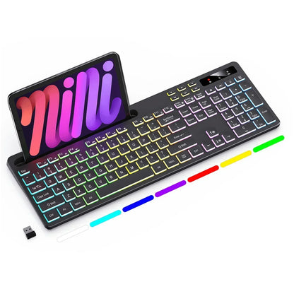 Wireless Keyboard with 7-Color RGB Backlit,  Full-Size Computer Keyboard with Phone Tablet Holder, Rechargeable 2.4G Wireless Gaming Keyboard with Light up Keys, Compatible with Mac,Window,Gray