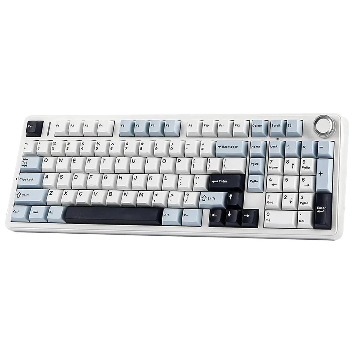 Retro 8-bit style mechanical gaming keyboard with blue and white keycaps from Byte Style