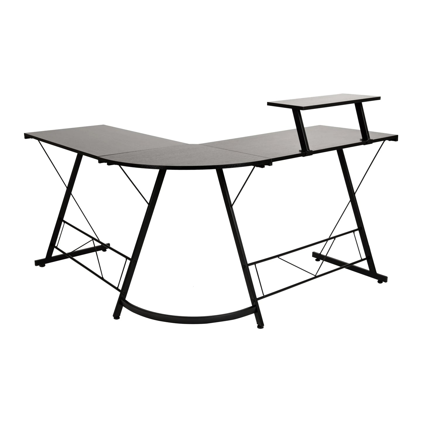 Black L-shaped modern office desk with metal frame and elevated platform on right side