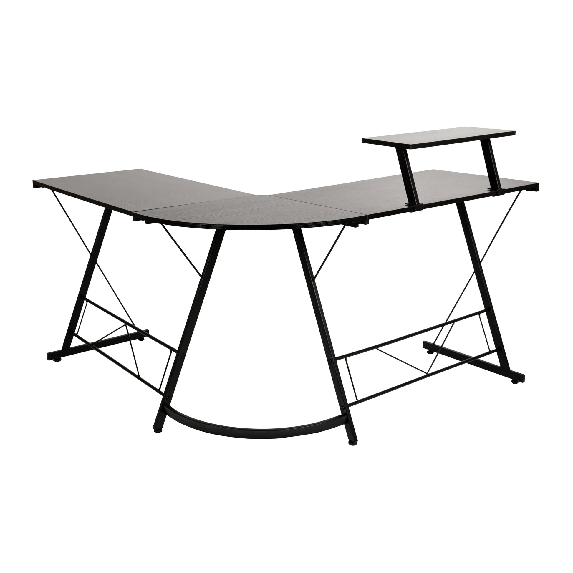 Black L-shaped modern office desk with metal frame and elevated platform on right side