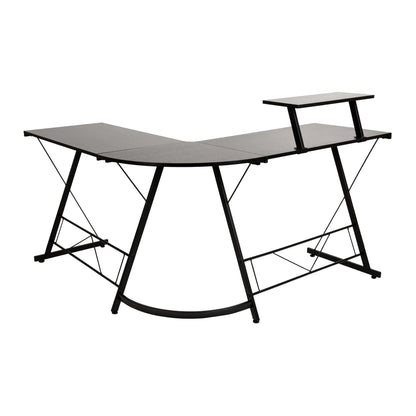 Black L-shaped modern office desk with metal frame and elevated platform on right side