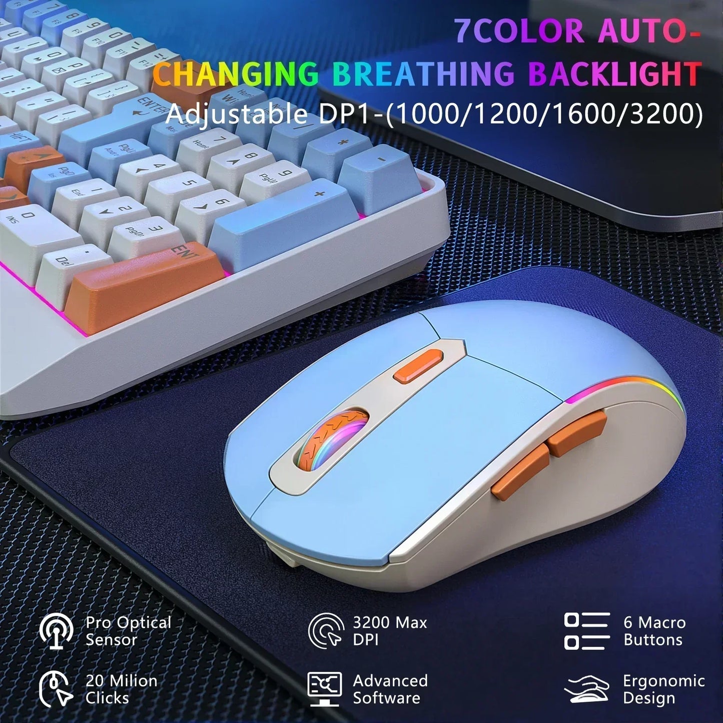 Wireless Gaming Keyboard and Mouse Combo 85 Key Rainbow Backlit, Rechargeable 2000Mah, Dual-Mode 2.4Ghz & BT5.0, Ergonomic Design for or Mac, Laptop, Desktop