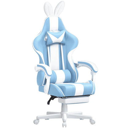 Blue and white gaming chair with bunny ear headrest and adjustable armrests on rolling base
