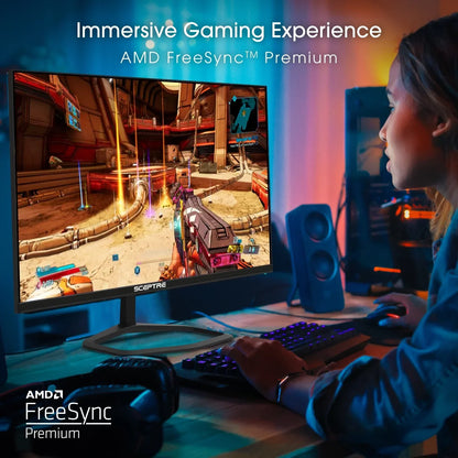 Gamer playing FPS video game on Sceptre monitor with AMD FreeSync Premium for immersive experience