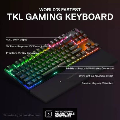 RGB TKL gaming keyboard with OLED display, premium wrist rest, and wireless connectivity