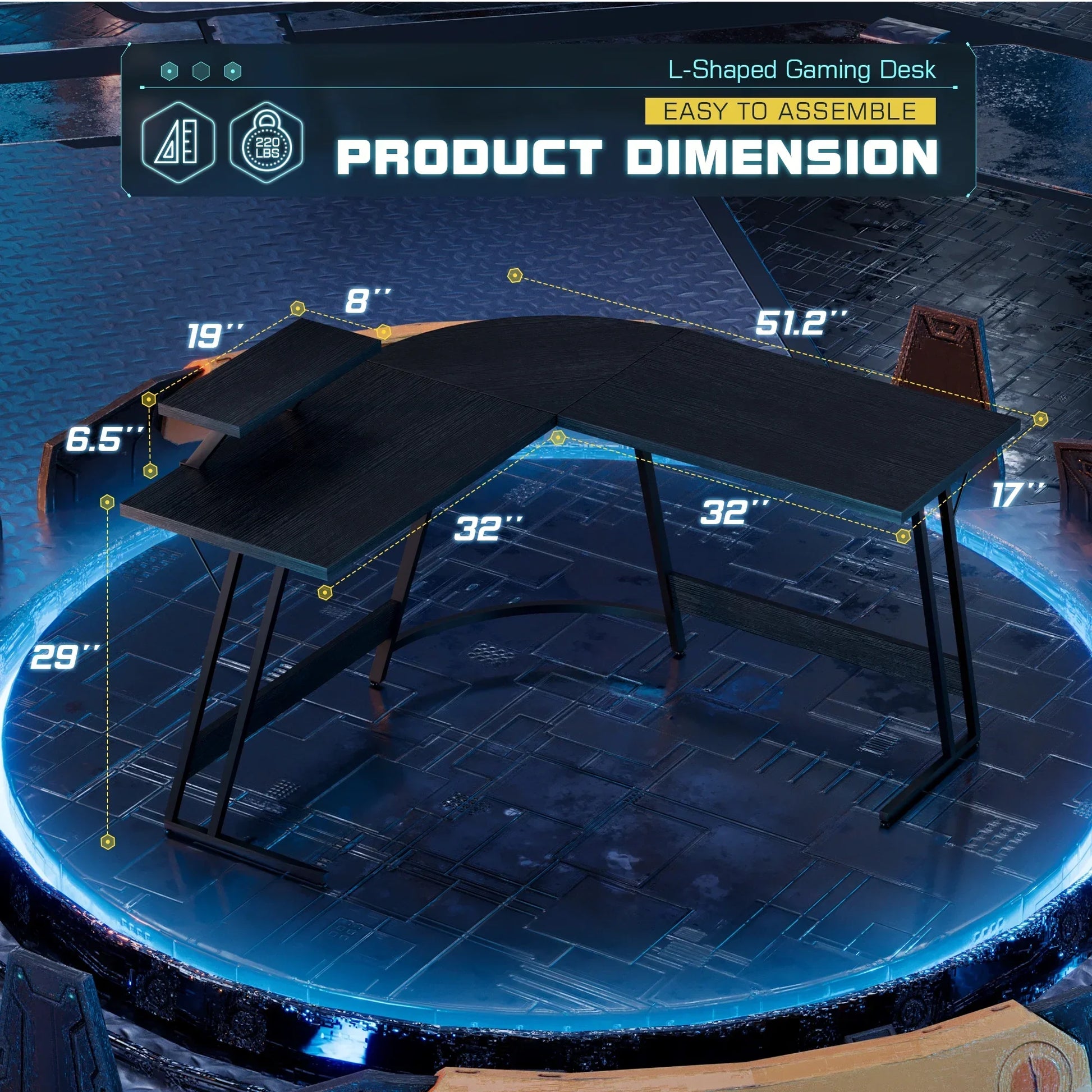 L-shaped black gaming desk with dimensions and easy to assemble label on futuristic background