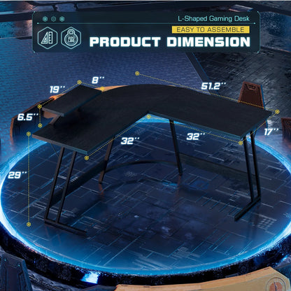 L-shaped black gaming desk with dimensions and easy to assemble label on futuristic background