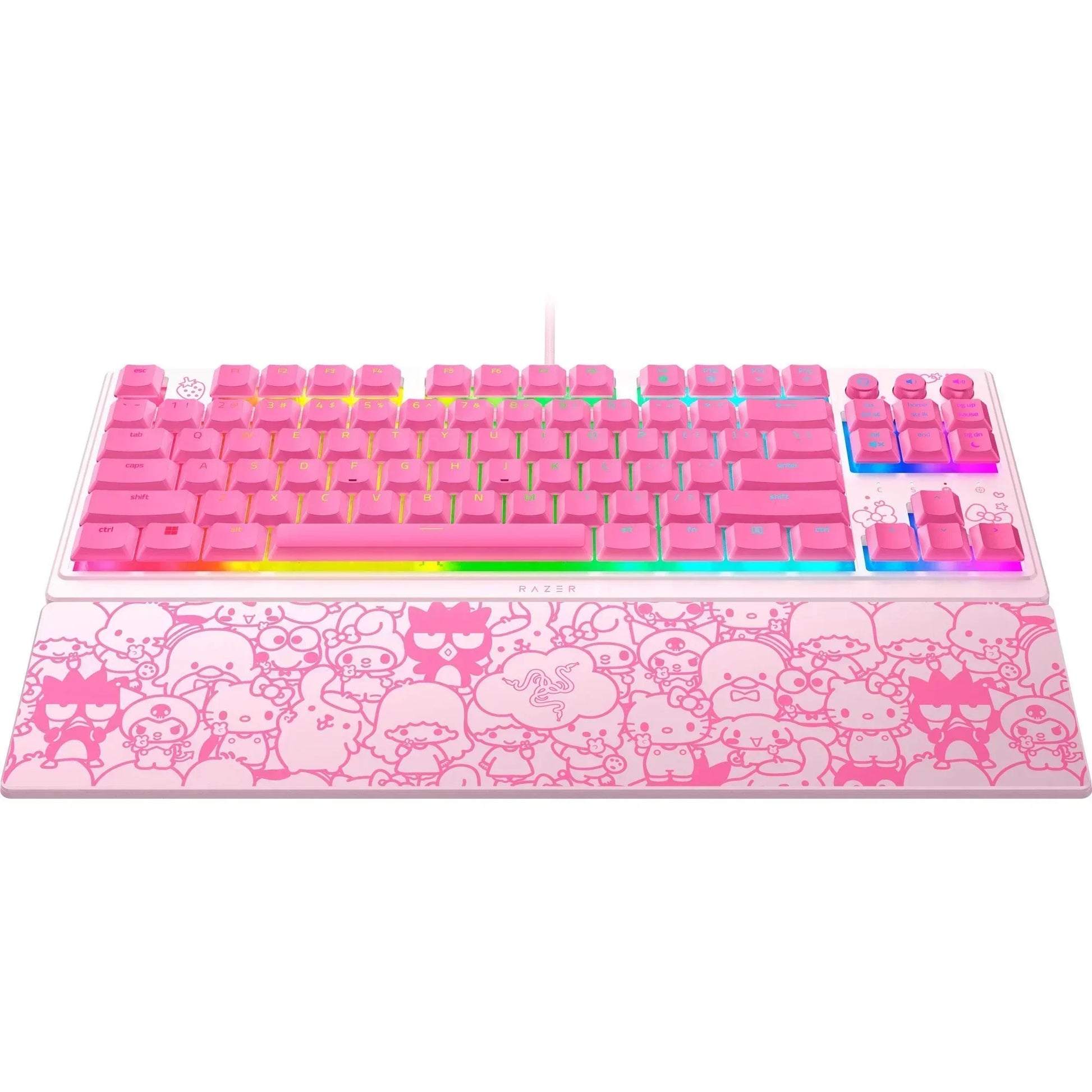 Pink Razer mechanical gaming keyboard with RGB lighting and cute cartoon wrist rest