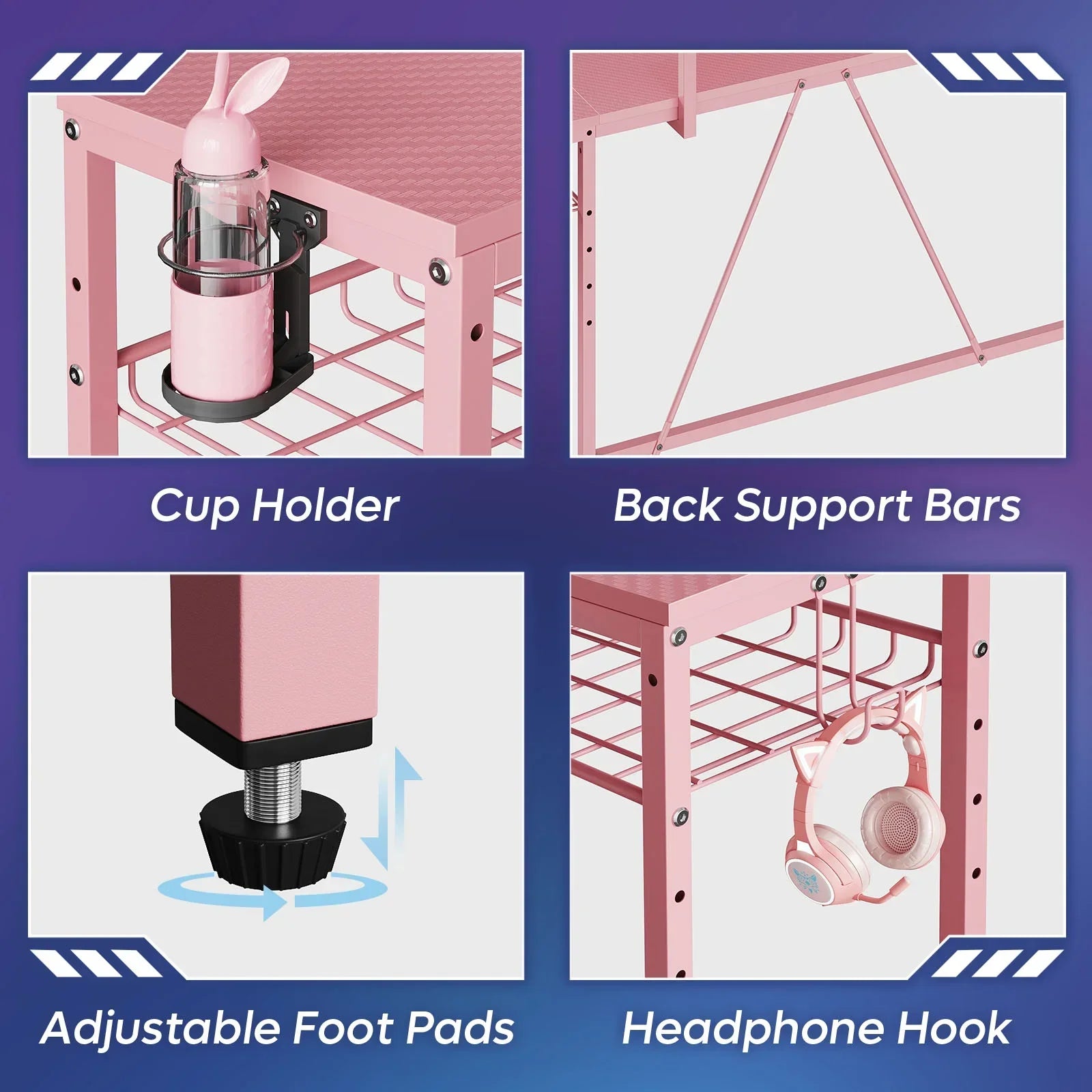 63" Gaming Desk with LED Lights, U-Shaped Computer Desk with Outlets & Monitor Stand, Home Office Desk with Storage Shelves in Pink