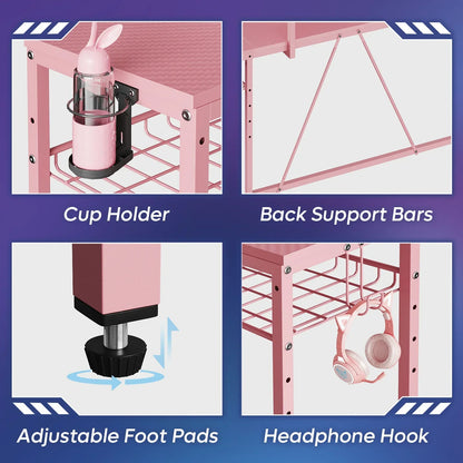 63" Gaming Desk with LED Lights, U-Shaped Computer Desk with Outlets & Monitor Stand, Home Office Desk with Storage Shelves in Pink
