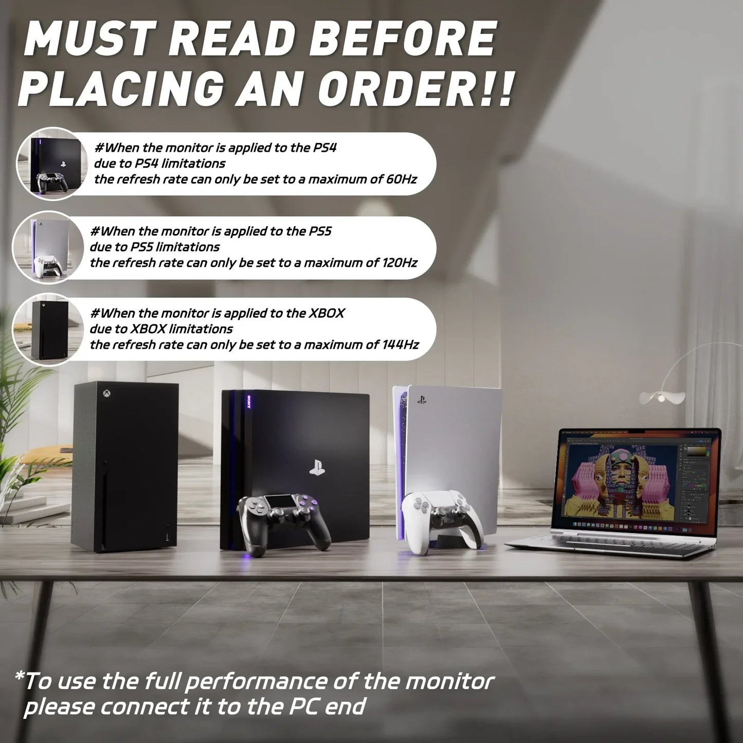 PS4, PS5, Xbox consoles with controllers on table alongside laptop, gaming refresh rate limitations notice