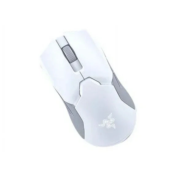 White wireless gaming mouse with ergonomic design and two side buttons