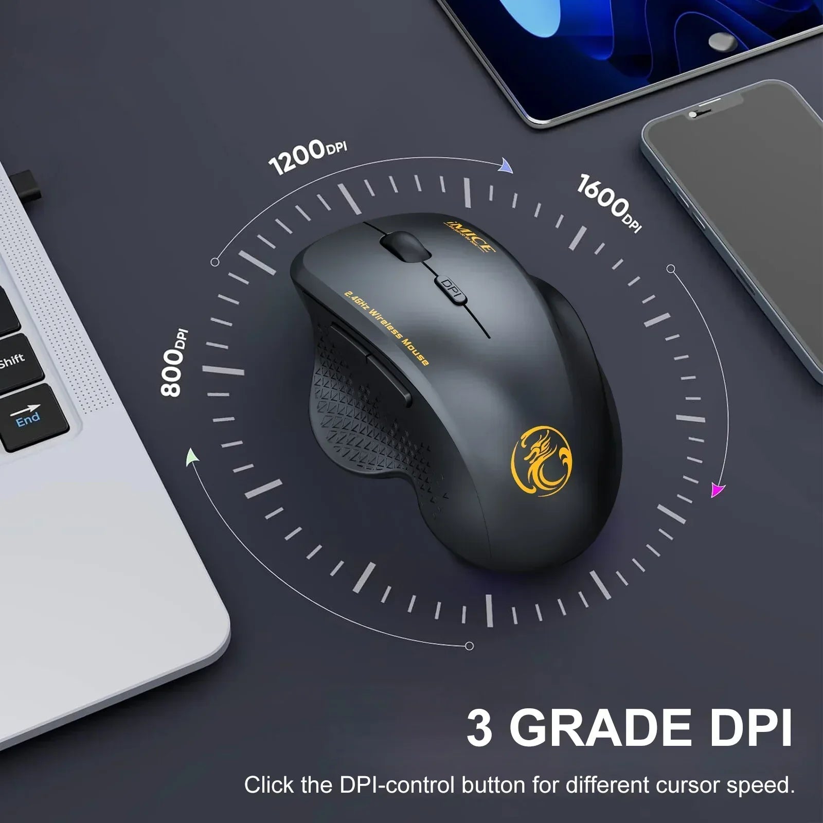 Wireless gaming mouse with 3 DPI settings, laptop, and smartphone on desk.