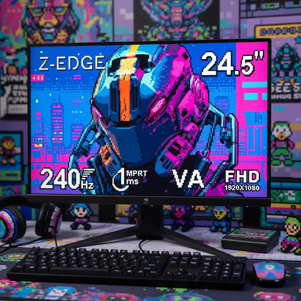 Retro gaming setup with 24.5-inch FHD monitor, mechanical keyboard, and pixel art decor