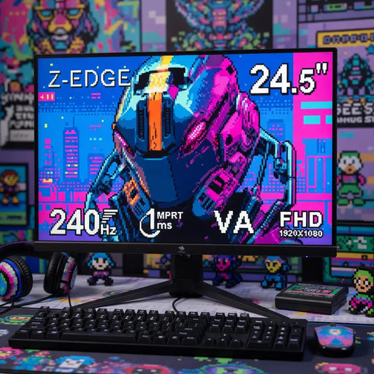 Retro gaming setup with 24.5-inch FHD monitor, mechanical keyboard, and pixel art decor