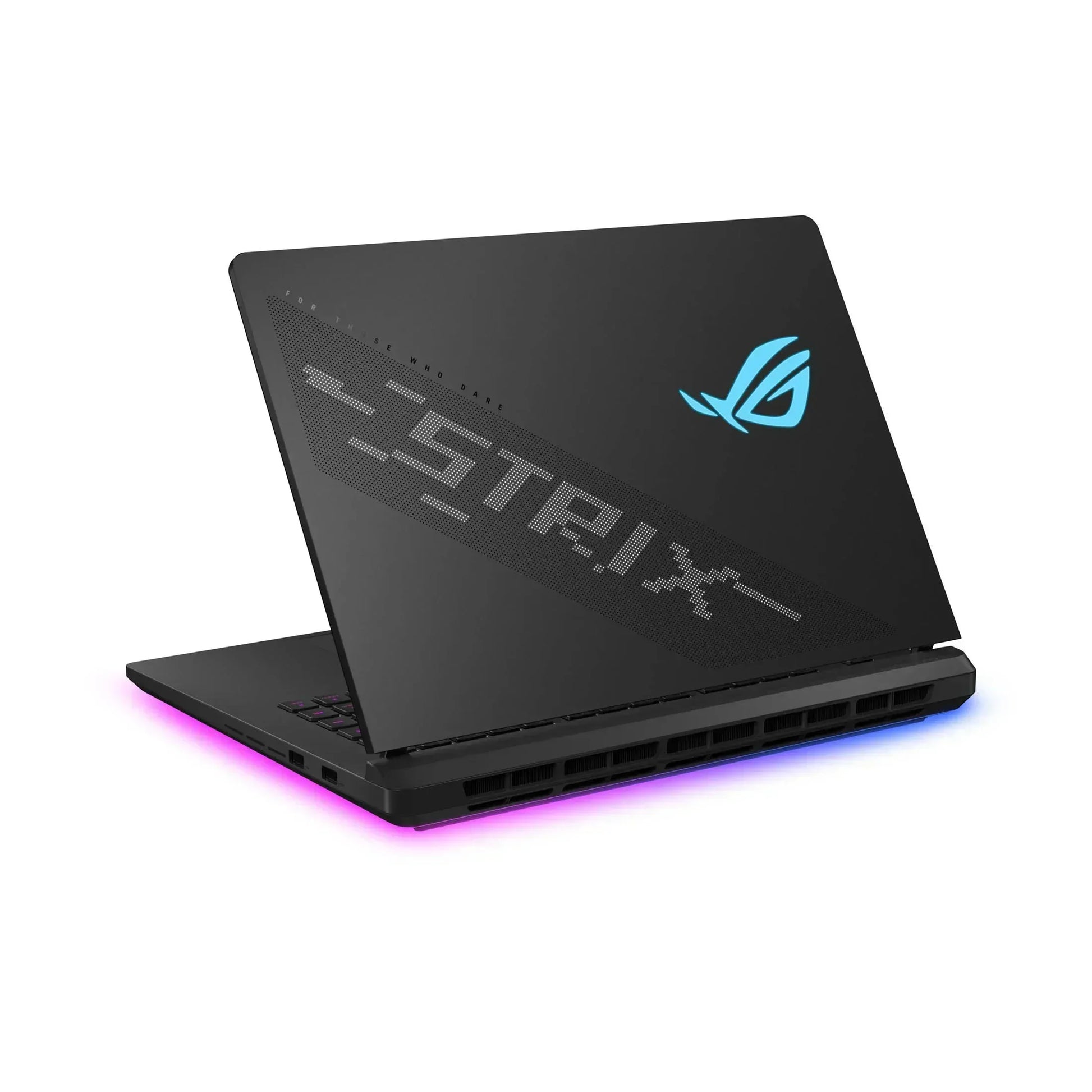 Gaming laptop with RGB lighting, 8-bit style STRIX logo on black lid, glowing blue emblem