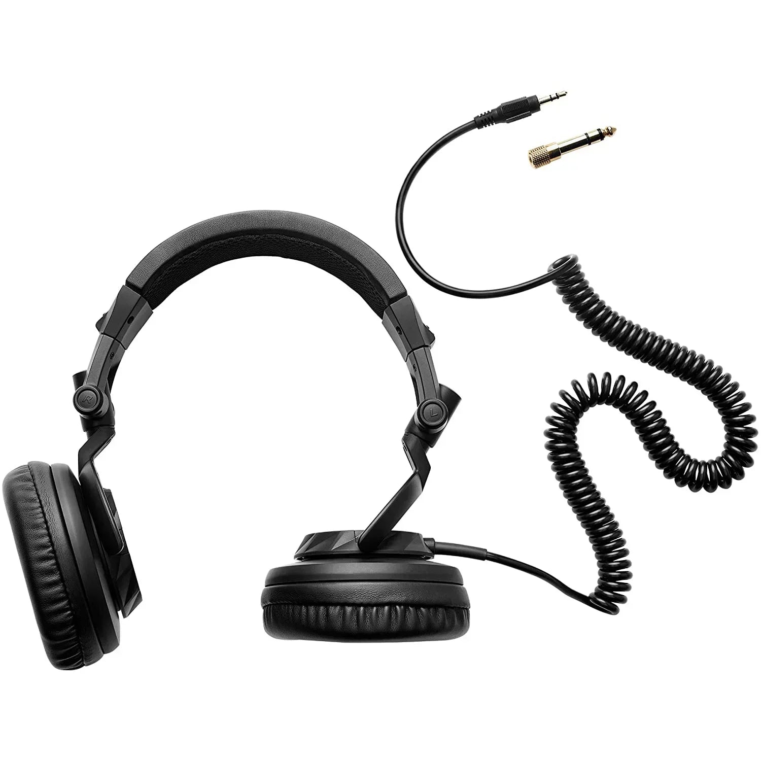 Over-ear black gaming headset with coiled detachable audio cable and 3.5mm adapter