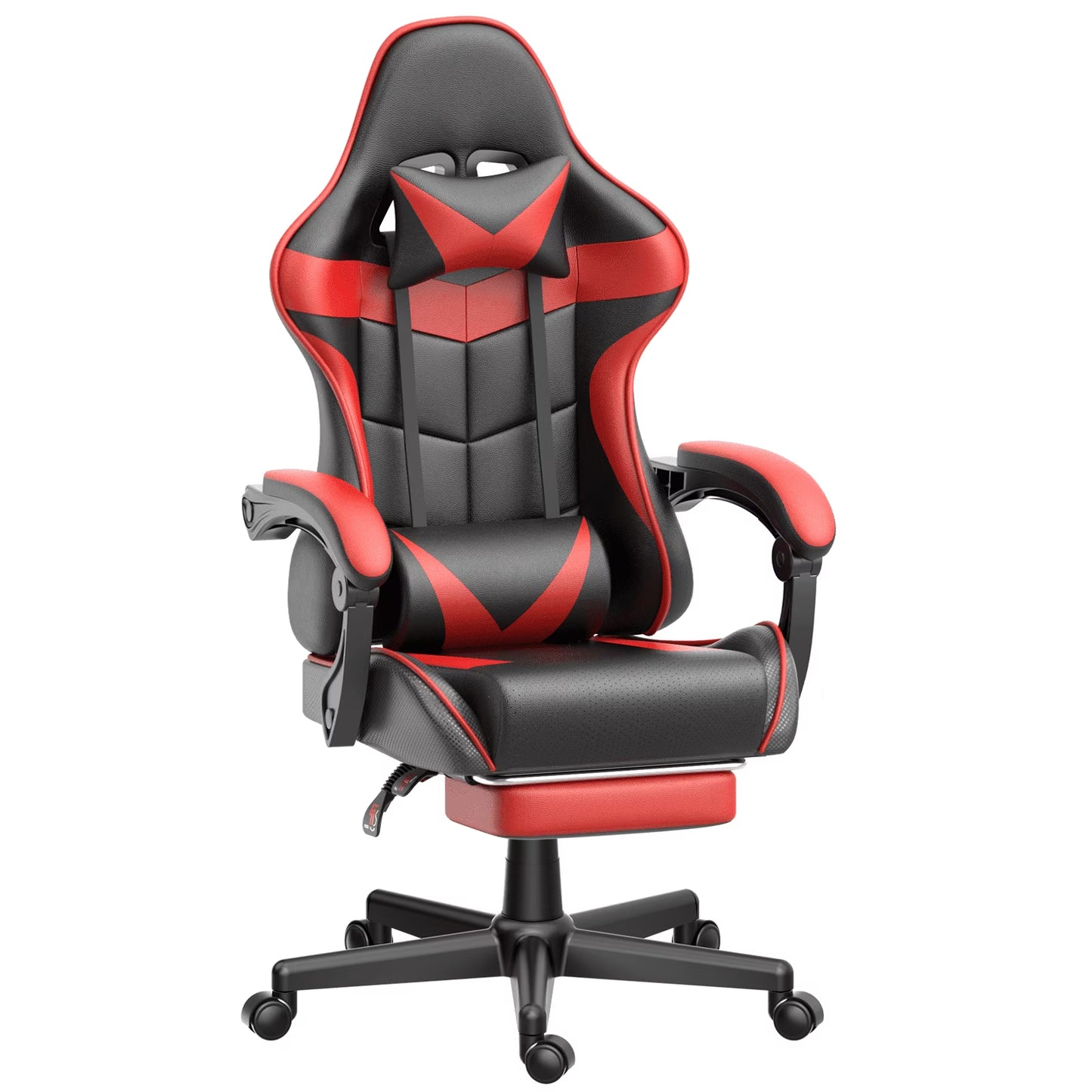 Red and black gaming chair with lumbar support, adjustable armrests, and footrest for ergonomic comfort