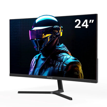 24-inch curved gaming monitor displaying futuristic cyber helmet character with neon lights