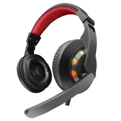 Gaming headset with microphone, black and red, featuring RGB earcup lights