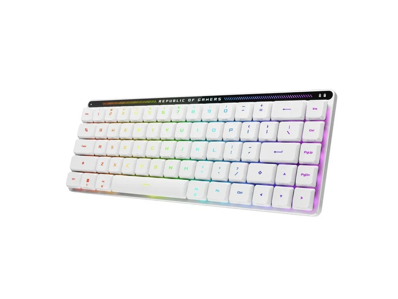 White RGB mechanical gaming keyboard with compact 8-bit style design, Republic of Gamers branding