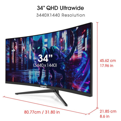 34 inch QHD ultrawide curved gaming monitor with 3440x1440 resolution and futuristic cat artwork