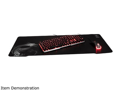 Gaming keyboard and mouse with red RGB lighting on large black MSI dragon-logo mouse pad